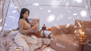 Solo Camping In A Hot Giant Air Tent On A Snowy Day | Camping ASMR