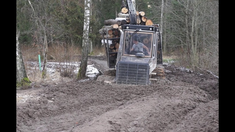 Logging with Logset 6 F, difficult road, mud, big