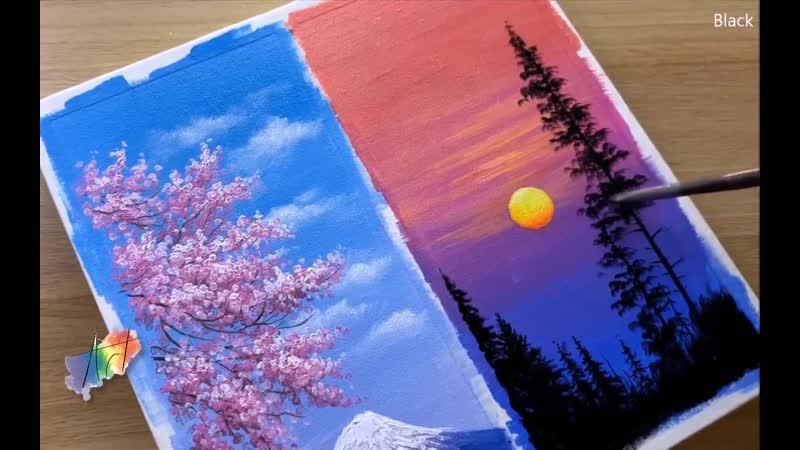 рисуем красивый двойной пейзаж акрилом подробный мастер