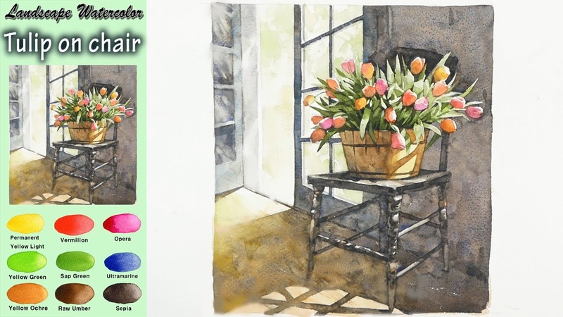 Tulip on chair Drawing Flower Watercolor ( Fabriano rough, wet on wet) NAMIL