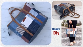 how to sew denim tote bag with zipper tutorial from scrap old jeans , tote bag with zipper patterns