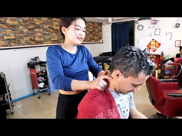 ASMR Strong head and neck massage by a Cambodian lady barber in Phnom